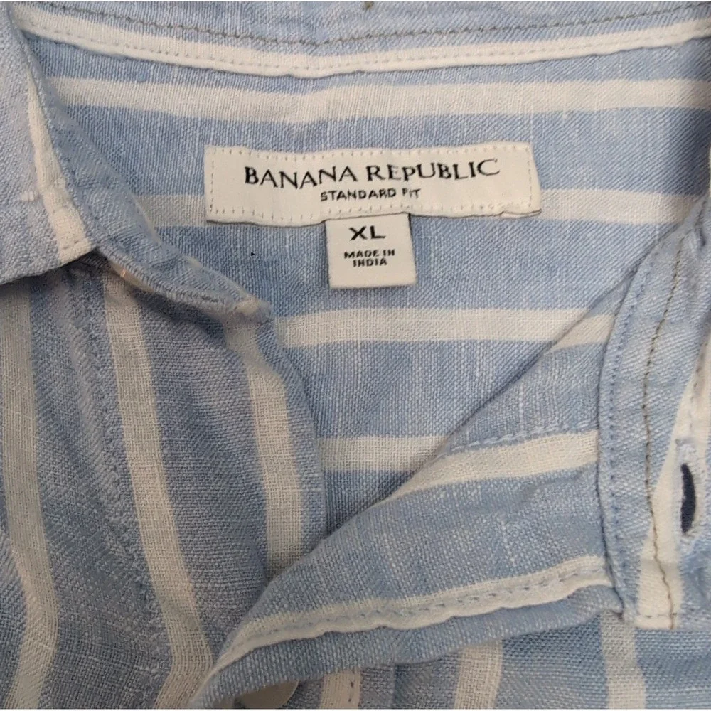 Banana Republic Mens XL 100% Linen Button Down Shirt Blue White Striped Resort